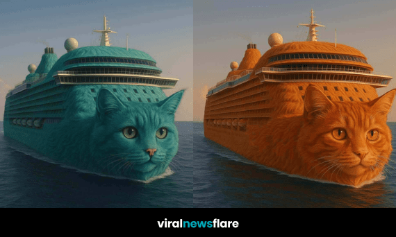 A lineup of giant cruise ships shaped like cats in various colours including grey, teal, lilac and ginger