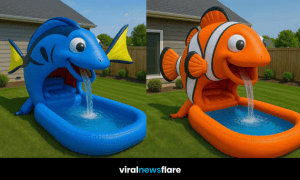 Colourful inflatable animal-shaped paddling pools set up in a sunny garden.