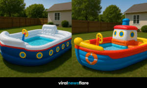 Colourful tugboat-shaped inflatable paddling pool with steering wheel and cartoon features in a garden setting