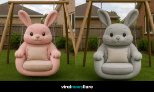 Four bunny-shaped hanging swing chairs in pink, cream, purple, and grey lined up in a garden setting.
