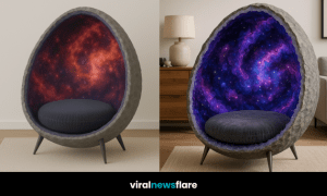 Egg-shaped chair with textured shell and purple galaxy interior, set in a modern minimalist room