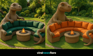 Oversized dinosaur-shaped rattan garden sofa with a circular fire pit, surrounded by lush green garden scenery.