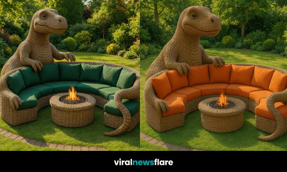 Oversized dinosaur-shaped rattan garden sofa with a circular fire pit, surrounded by lush green garden scenery.