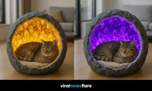 A collage of glowing geode cat beds in orange, yellow, purple, and green with sleeping tabby cats inside.