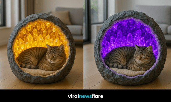 A collage of glowing geode cat beds in orange, yellow, purple, and green with sleeping tabby cats inside.