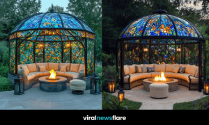 Decorative dome-shaped stained glass gazebo with fire pit and circular cushioned seating in scenic garden.