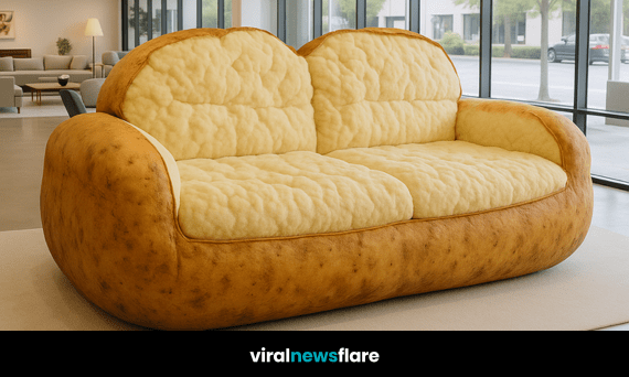 Whimsical oversized jacket potato sofa displayed in a bright furniture showroom with floor-to-ceiling windows