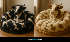 A circular cow-shaped lounge chair in black and white cowhide pattern with a realistic cow bust in a sunlit living room.