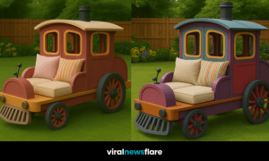 Whimsical train-shaped outdoor sofa with vibrant colours and cushioned seating in a garden setting.