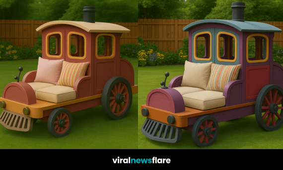 Whimsical train-shaped outdoor sofa with vibrant colours and cushioned seating in a garden setting.