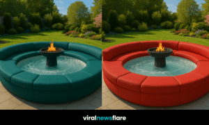 Collection of circular hot tub lounge sofas with central fire pits in various bold colours in garden settings