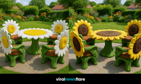 Whimsical garden furniture with pink flower petal chairs and table set in a lush green garden