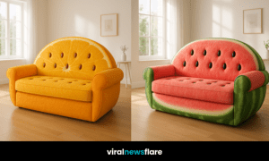 Assortment of fruit-themed sofas including strawberry, orange, pineapple, and watermelon designs in a bright interior