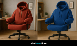 Hoodie-shaped office chair in a contemporary home office setting with wooden desk and neutral décor.