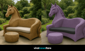 Artistic horse-shaped rattan outdoor sofa with footstool placed on a patio in a landscaped garden