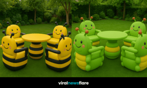 Variety of insect-themed chairs and tables including bee, ladybird, butterfly, and caterpillar designs arranged in a garden