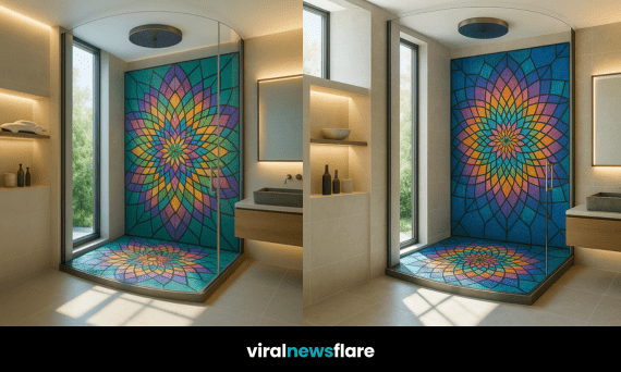 Full view of stained glass shower with two large circular flower patterns and a blue mosaic theme