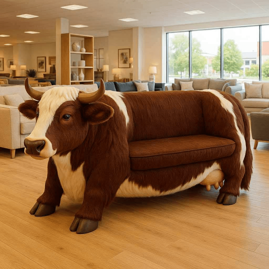  A large cow-shaped sofa with realistic features including horns and hooves, set on a wood floor.