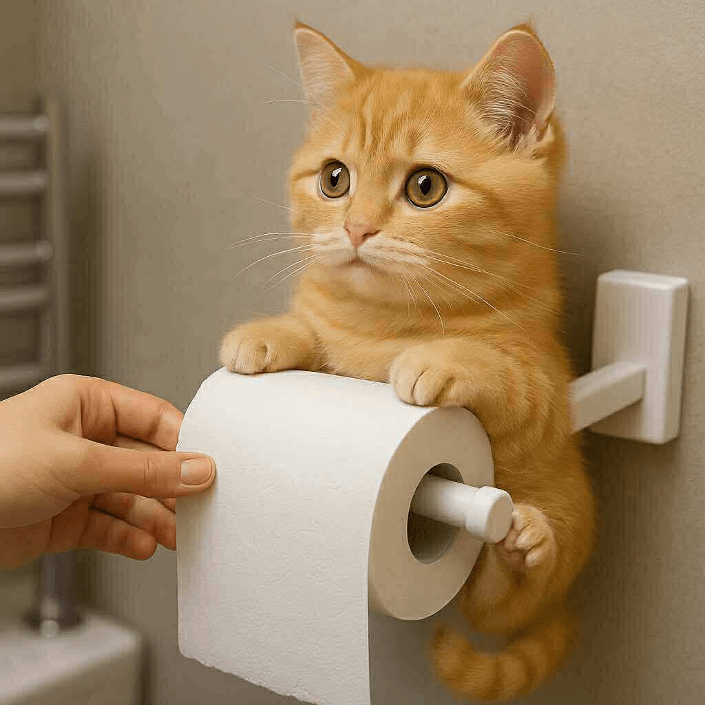 Adorable ginger tabby cat acting as a toilet roll holder on a bathroom wall