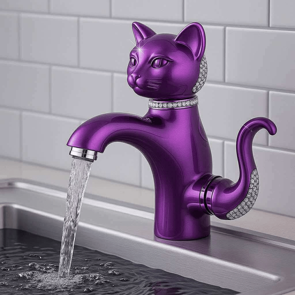  Purple cat-shaped kitchen tap with crystal detailing and water flowing into a sink.
