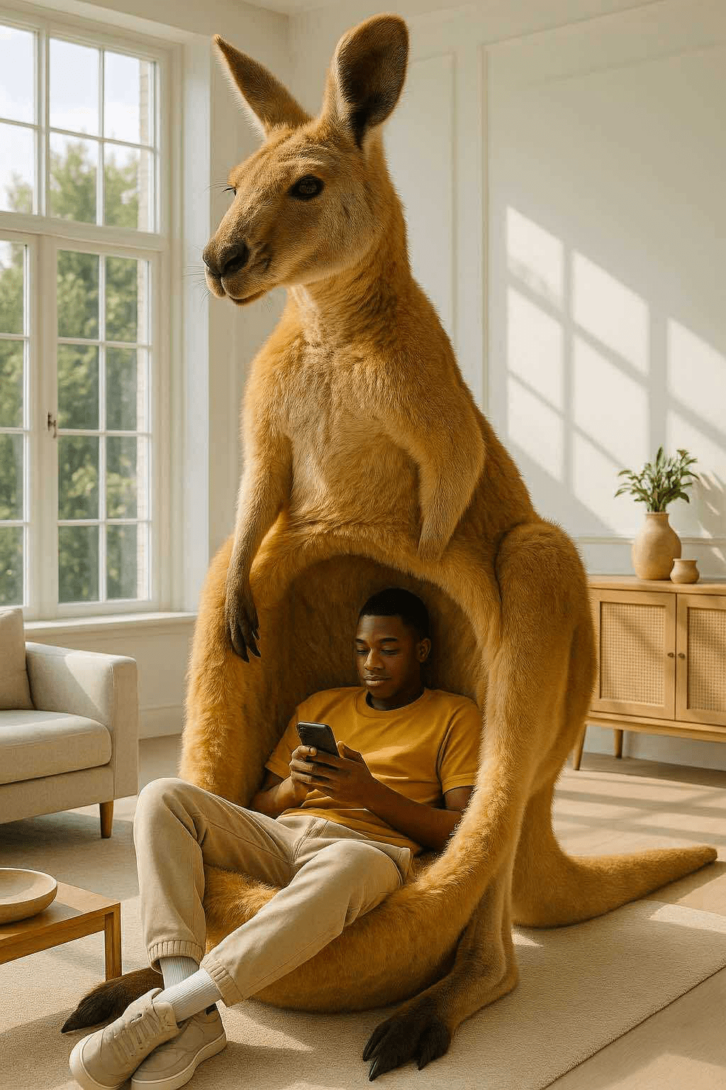 A golden kangaroo-shaped lounge chair with a teenage boy comfortably seated inside, scrolling on his phone.