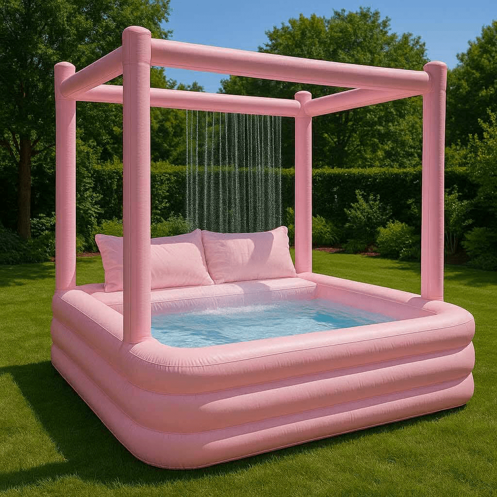 Luxurious pink inflatable paddling pool with canopy and central rain shower in garden setting