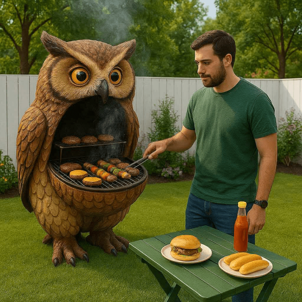 Owl-shaped barbecue with burgers and skewers being grilled by a man in a green t-shirt.
