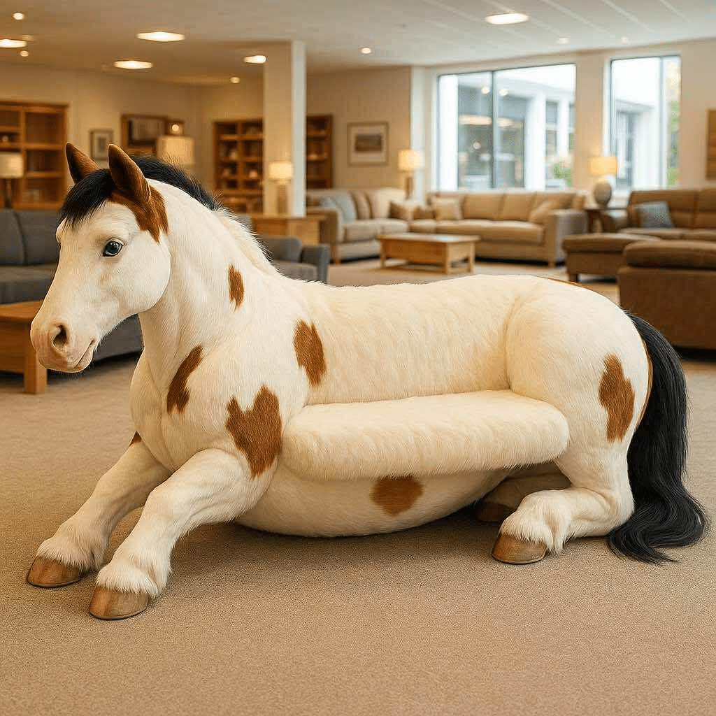 A white horse-shaped sofa with brown spots and realistic detailing placed in a spacious showroom.