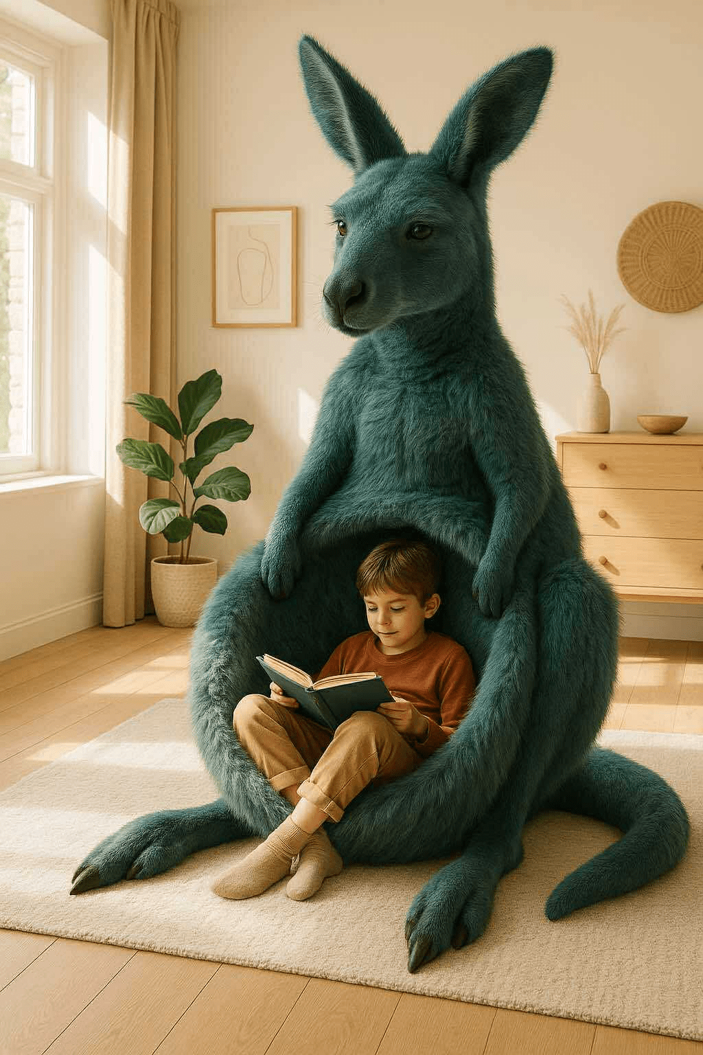  A teal kangaroo-shaped chair with a young boy reading inside its plush pouch in a cosy living room.