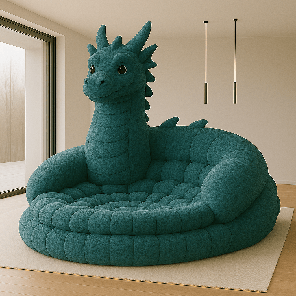 Oversized deep teal dragon-themed lounge sofa in a sleek, sunlit room