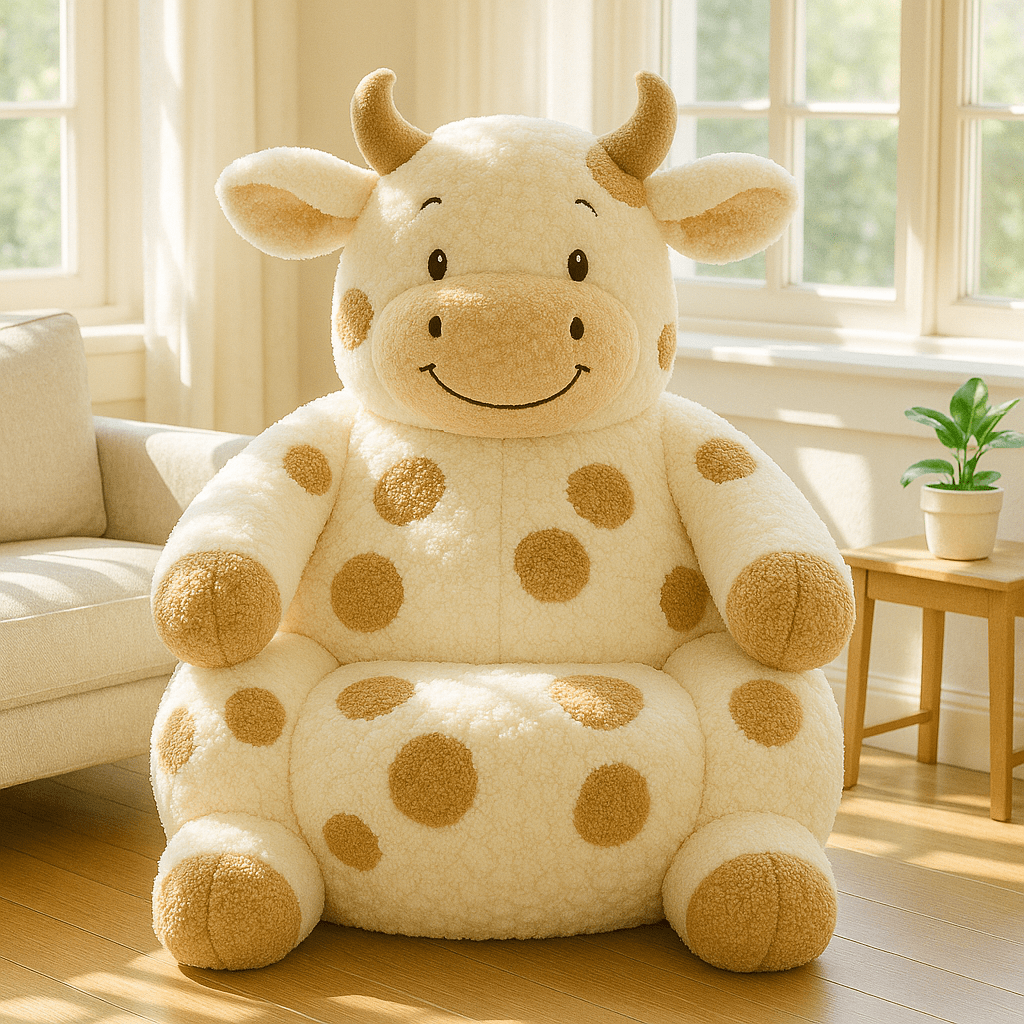 Oversized cream and brown cow-shaped armchair in a bright living room with natural light