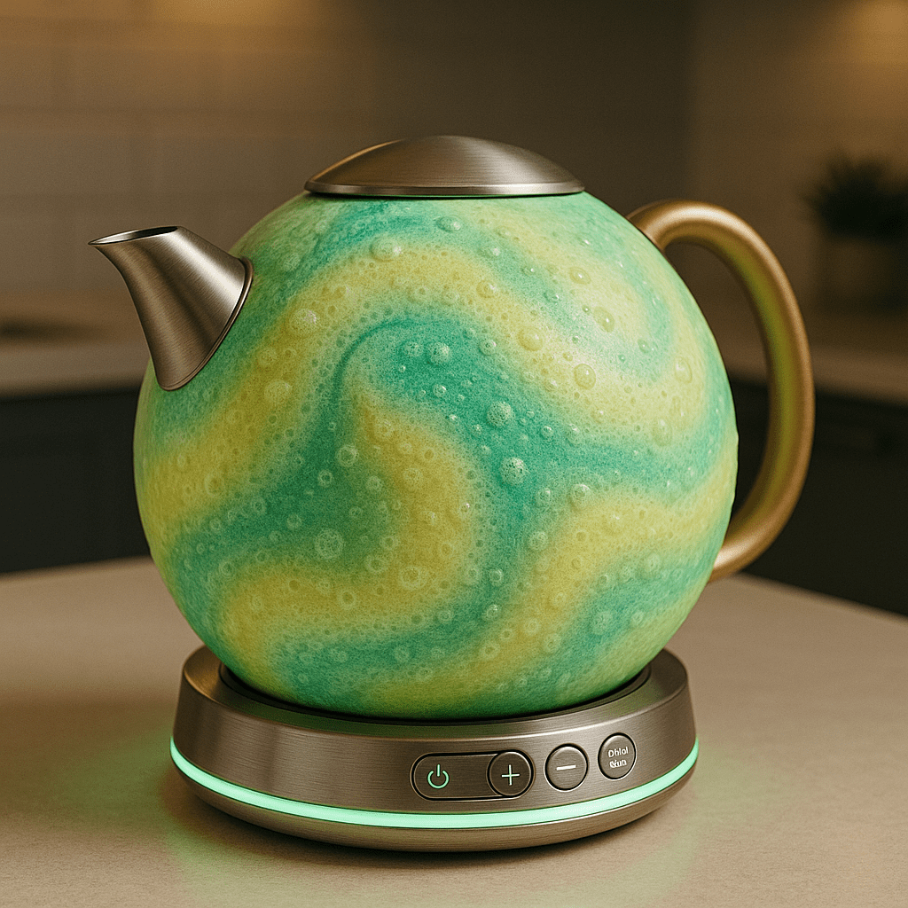 Swirl-pattern kettle with bright green and lemon tones on a brushed steel base with green lighting.