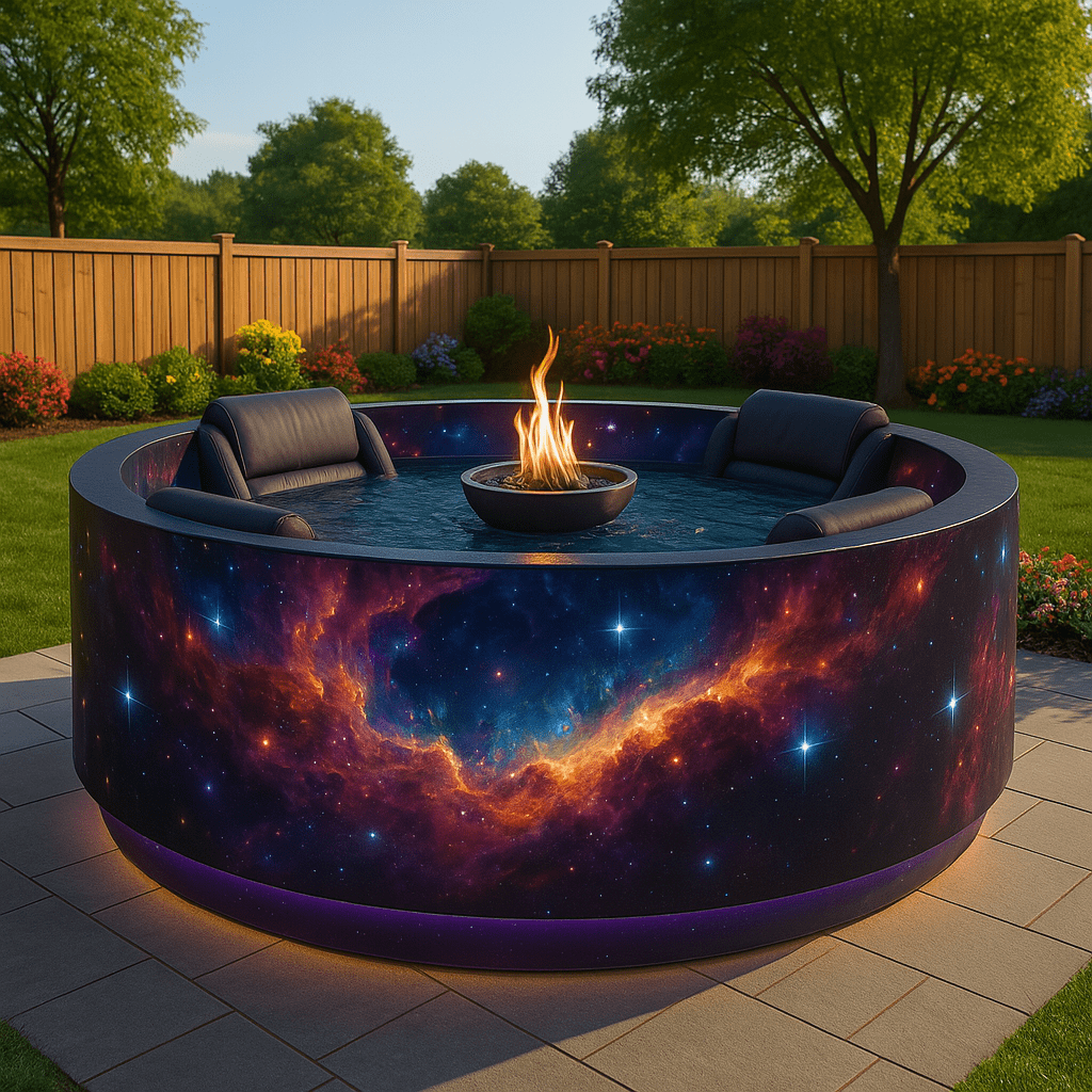 Vibrant nebula-themed inflatable pool with fire pit and integrated recliner seating in a spacious garden.