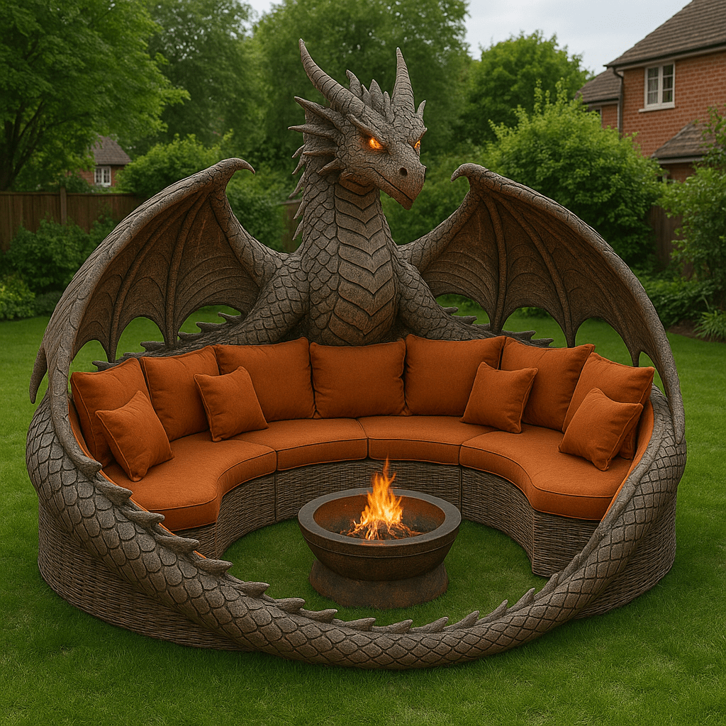 Dramatic dragon-themed garden sofa with burnt orange cushions and fire pit in lush green garden.