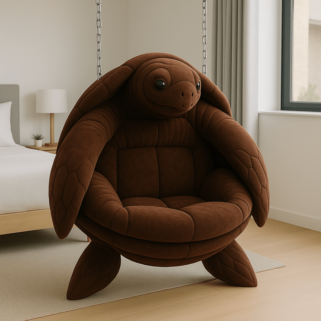 Soft brown turtle-shaped hanging chair with rounded design in a minimal interior