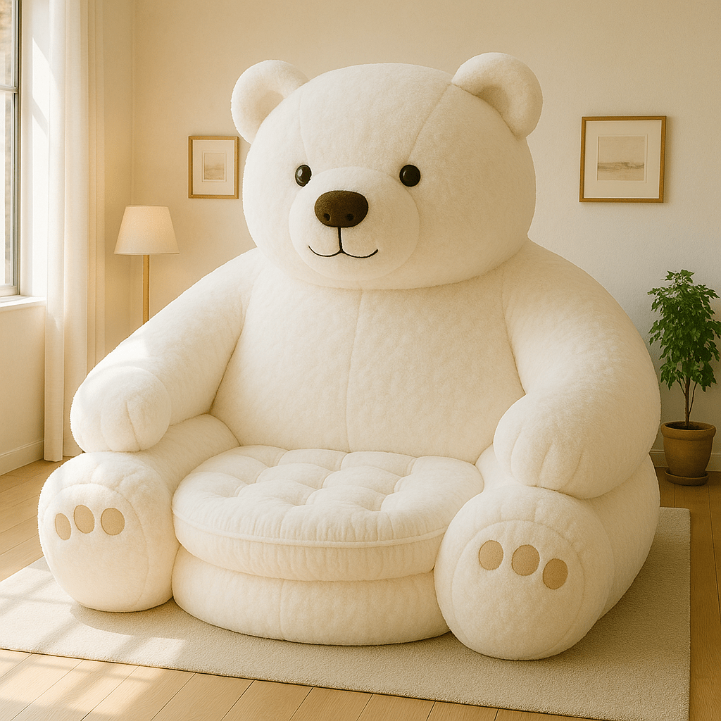 Oversized cream teddy bear armchair with tufted seat in a sunlit room with neutral decor.