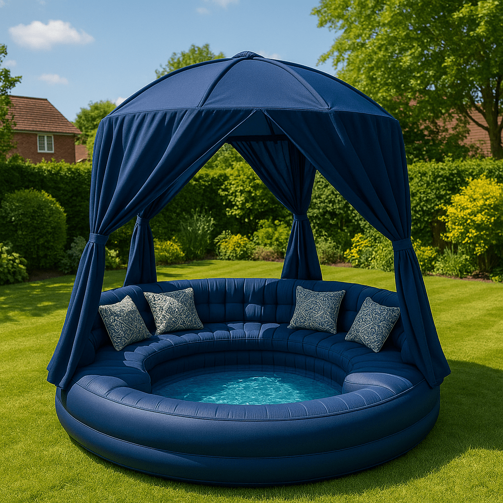 Deep navy inflatable canopy pool sofa with wraparound cushioned seating and a splash pool in a garden.