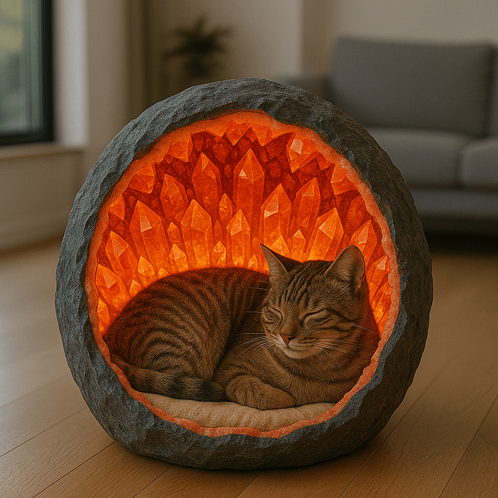 A tabby cat sleeping inside an orange crystal geode-shaped bed with ambient lighting.
