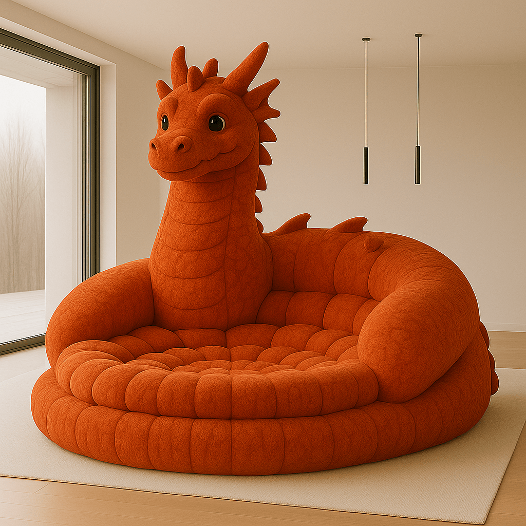 Bold red-orange dragon-shaped sofa with plush circular base in bright modern room
