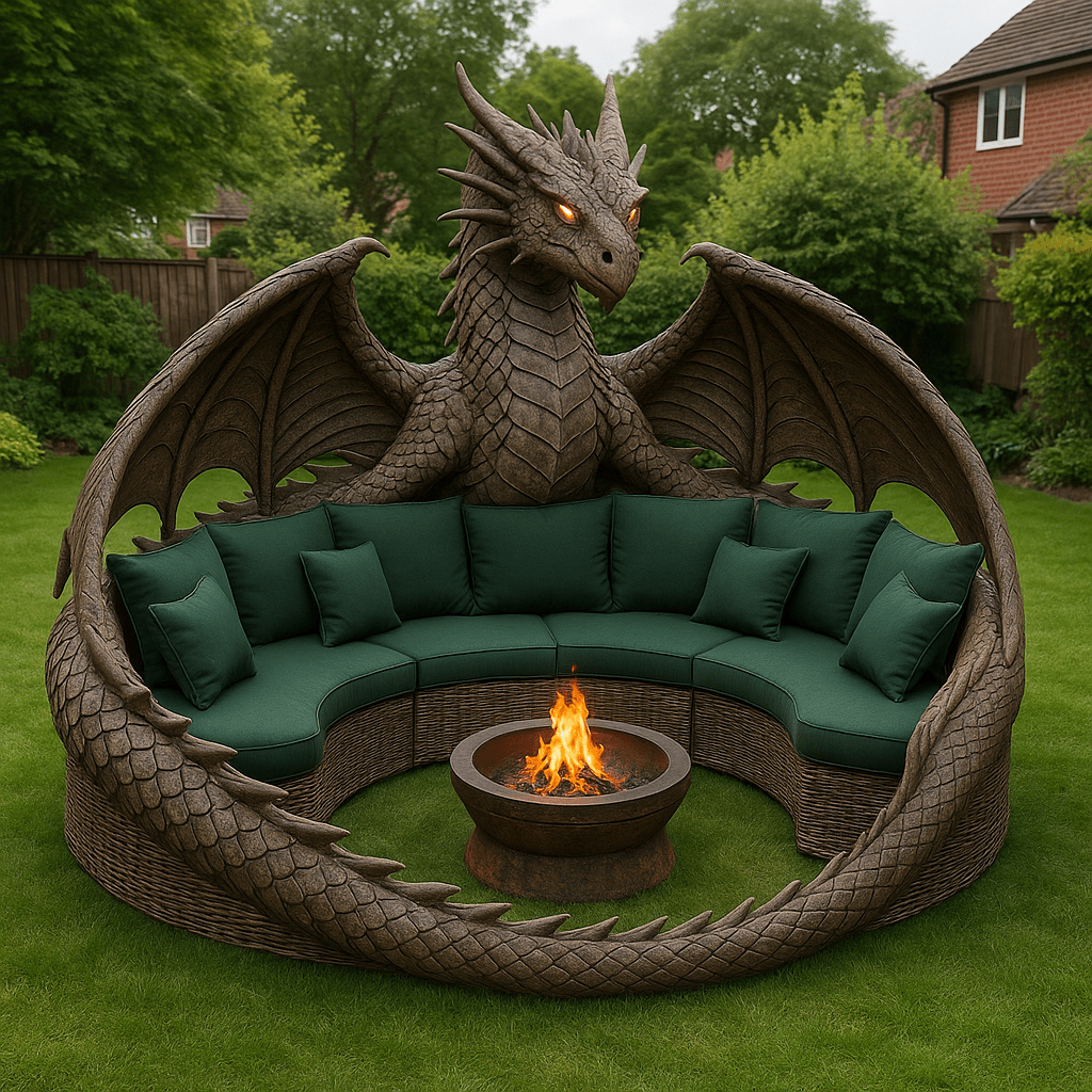 Fantasy dragon-shaped outdoor sofa in brown rattan with green cushions and central fire pit in a grassy garden.