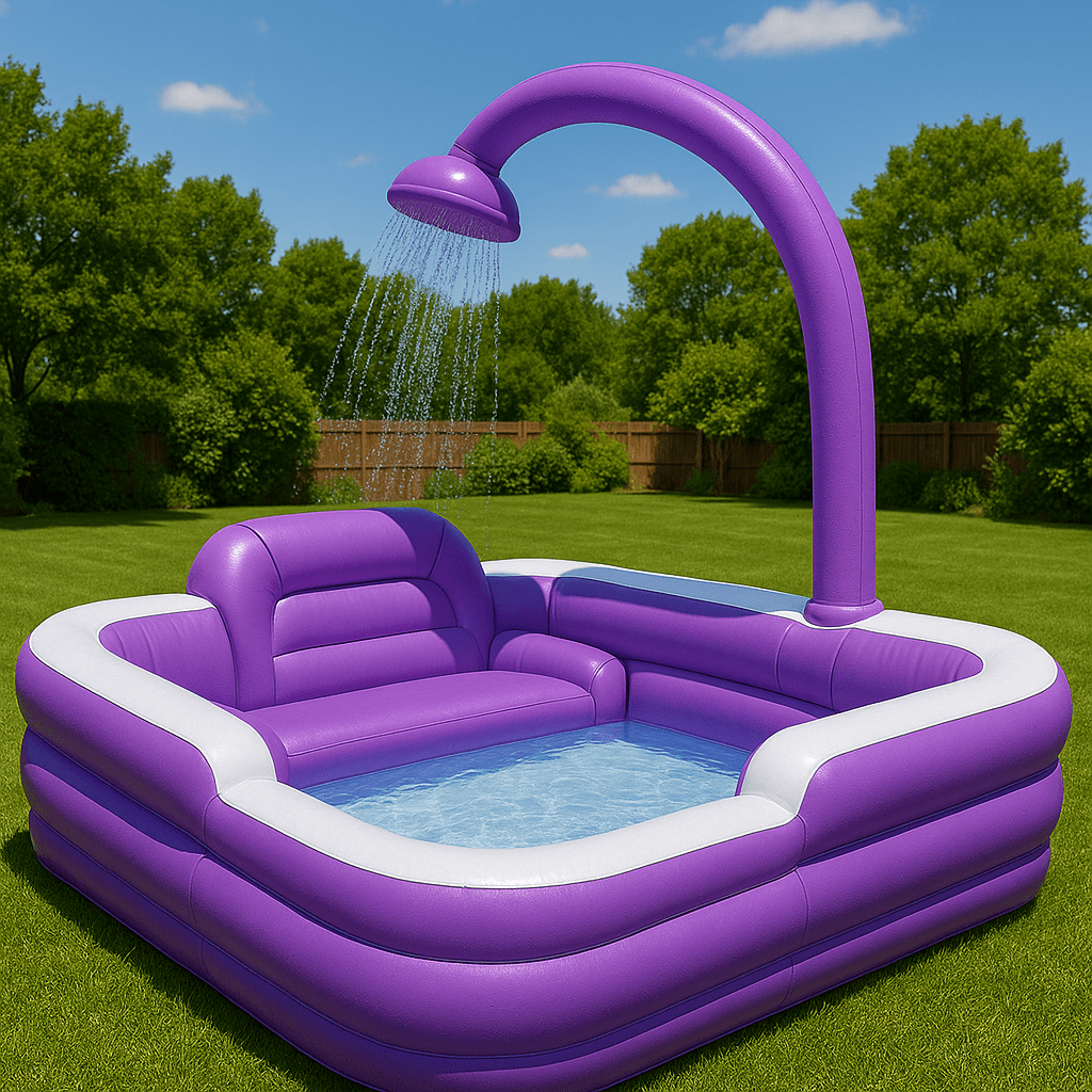 Purple inflatable pool featuring built-in seating and a showerhead for cooling garden fun
