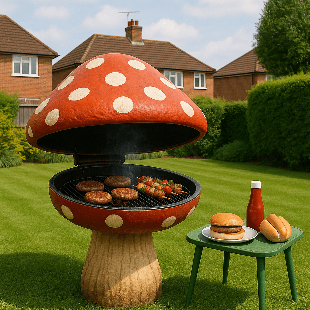 Quirky red mushroom-shaped BBQ grill with burgers and skewers in a sunny British garden.