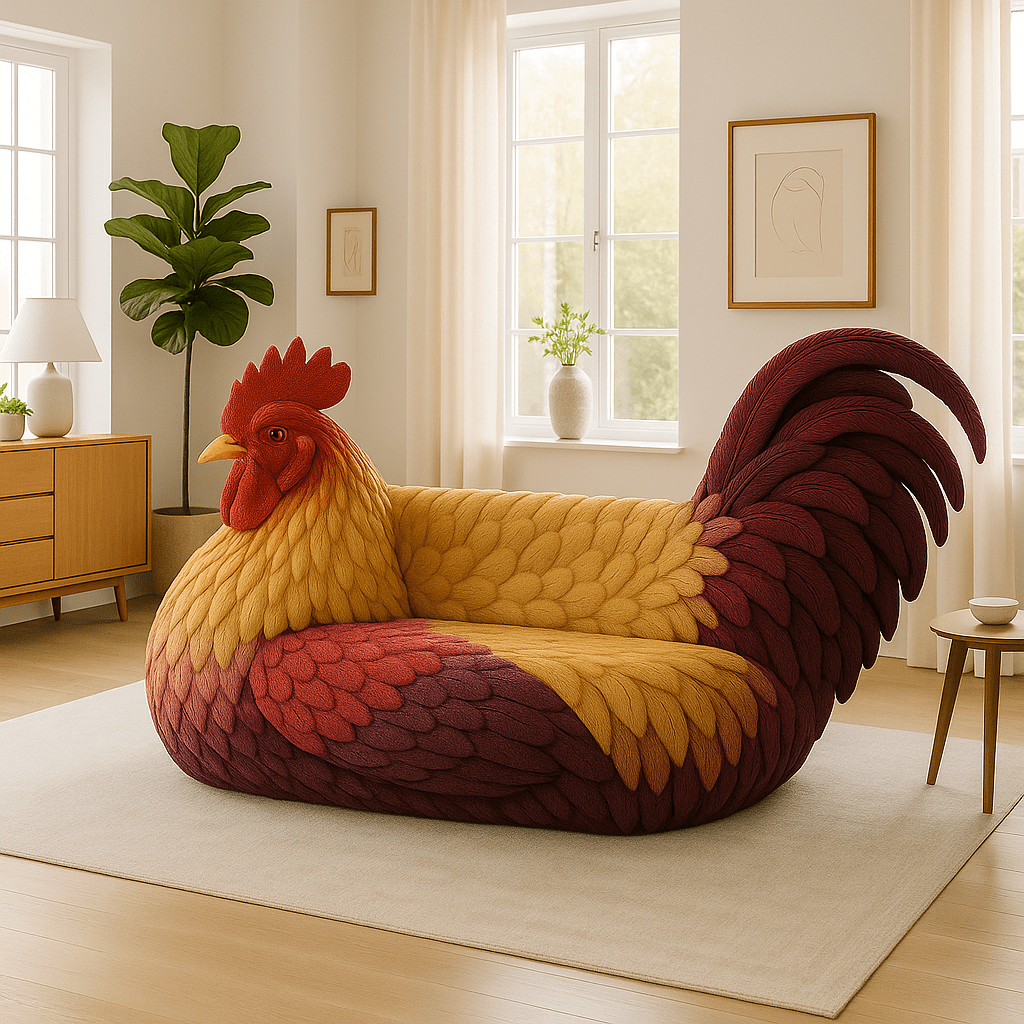 Yellow and red rooster-shaped sofa in a minimalist living room