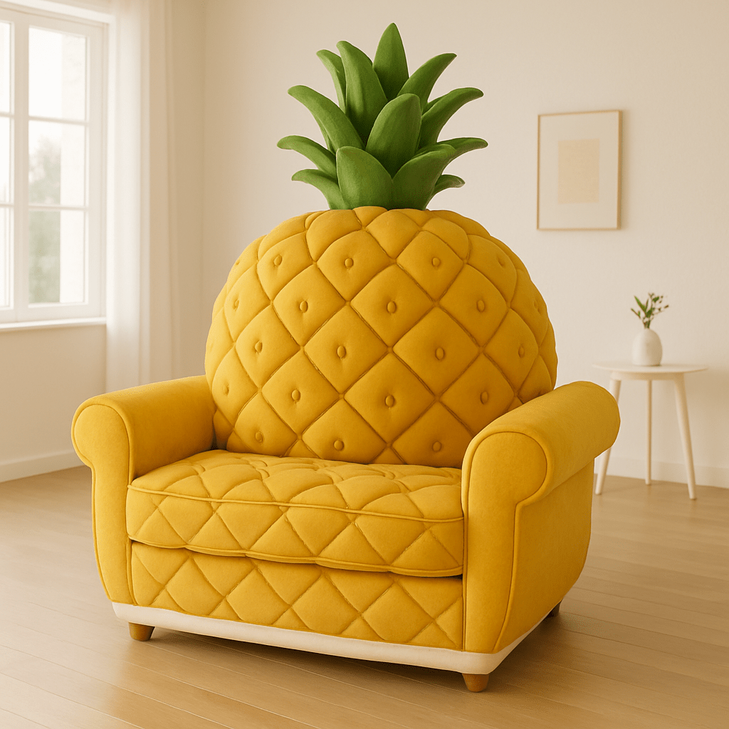 Yellow quilted armchair shaped like a pineapple with leafy green top detail
