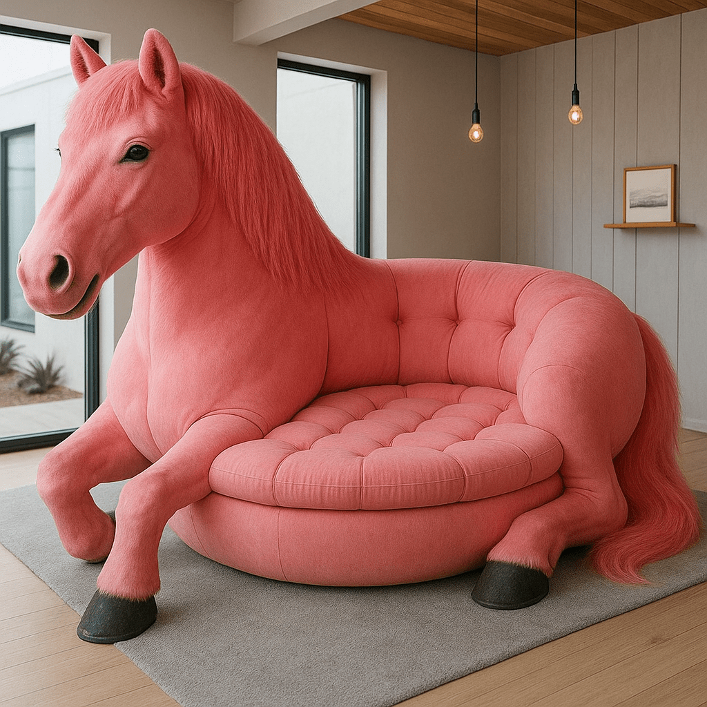 Oversized coral pink horse-shaped novelty sofa with tufted seat and sculpted horse head in a minimalist home interior.