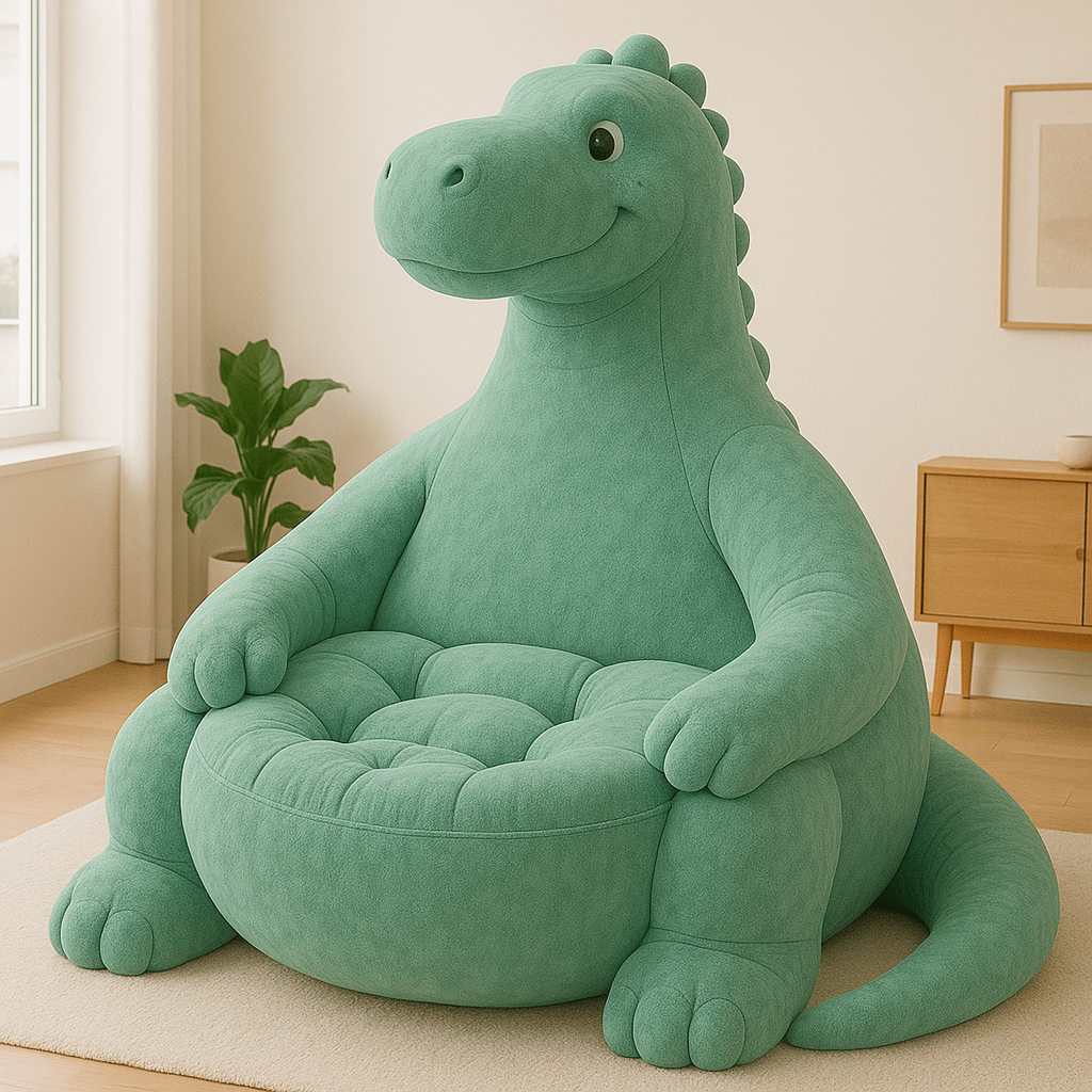 Soft teal dinosaur-themed armchair in a cosy home setting with wooden furniture and natural light