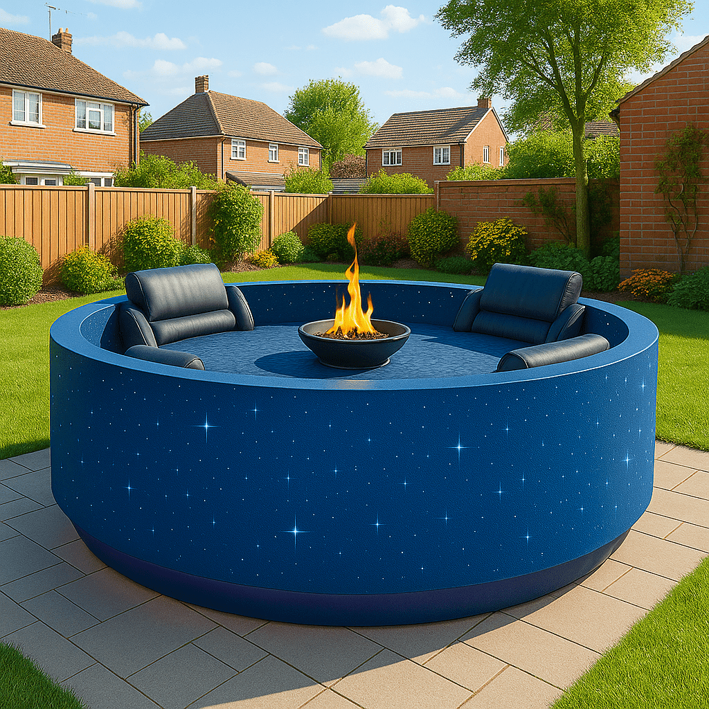 Inflatable pool featuring a minimalist starry sky pattern with built-in fire pit and recliner seating in a garden.