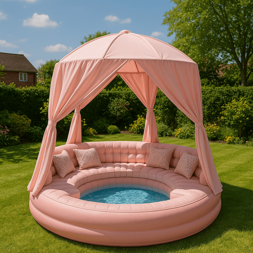  Soft pink inflatable canopy pool sofa with cushioned wraparound seating and built-in splash pool in a garden. 