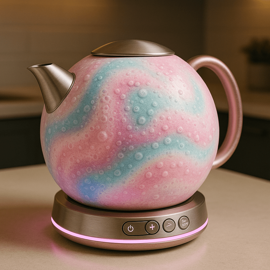 Electric kettle in soft pink and blue hues with bubble-textured finish and LED pink base.