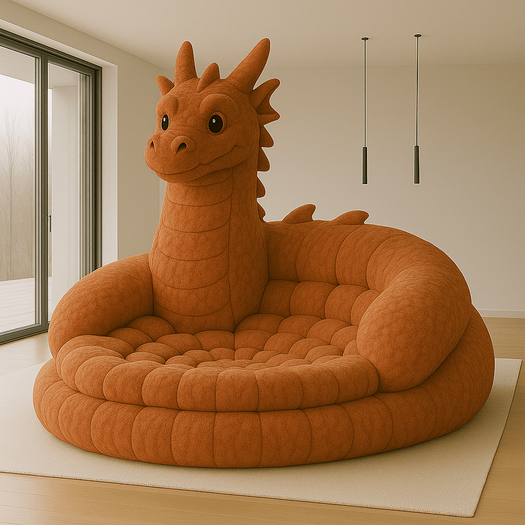 Playful burnt orange dragon-shaped sofa in a modern living space